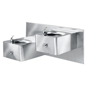 wall mounted dual level push button drinking fountain with back plate