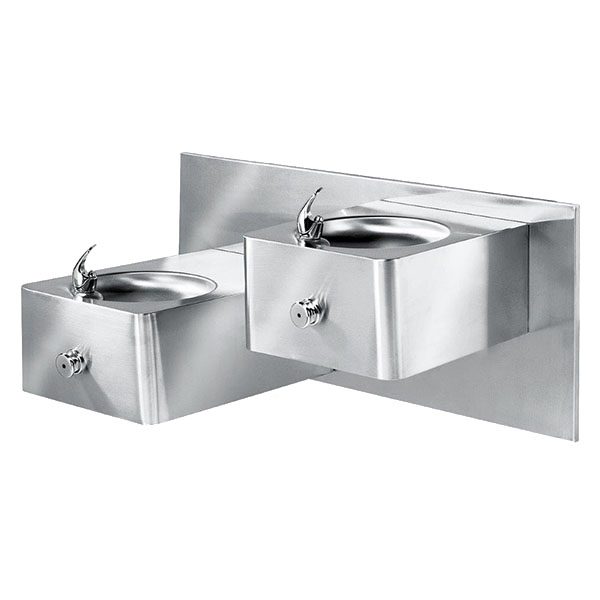 wall mounted dual level push button drinking fountain with back plate