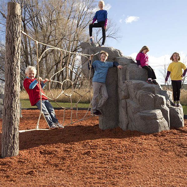 spider mountain granite climbing boulder set with log and net for playground